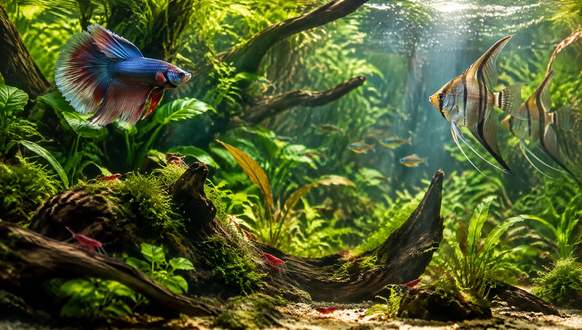 Natural planted aquarium with betta, angelfish and shrimp